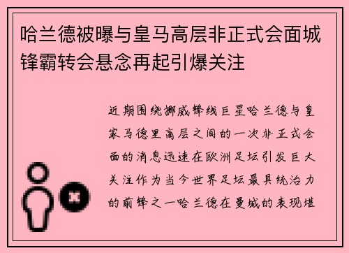 哈兰德被曝与皇马高层非正式会面城锋霸转会悬念再起引爆关注